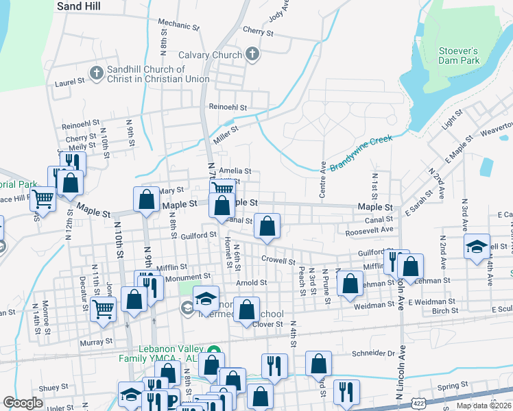 map of restaurants, bars, coffee shops, grocery stores, and more near 526 Maple Street in Lebanon