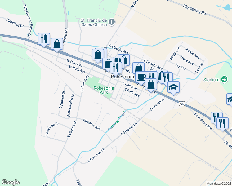 map of restaurants, bars, coffee shops, grocery stores, and more near 131 South Robeson Street in Robesonia