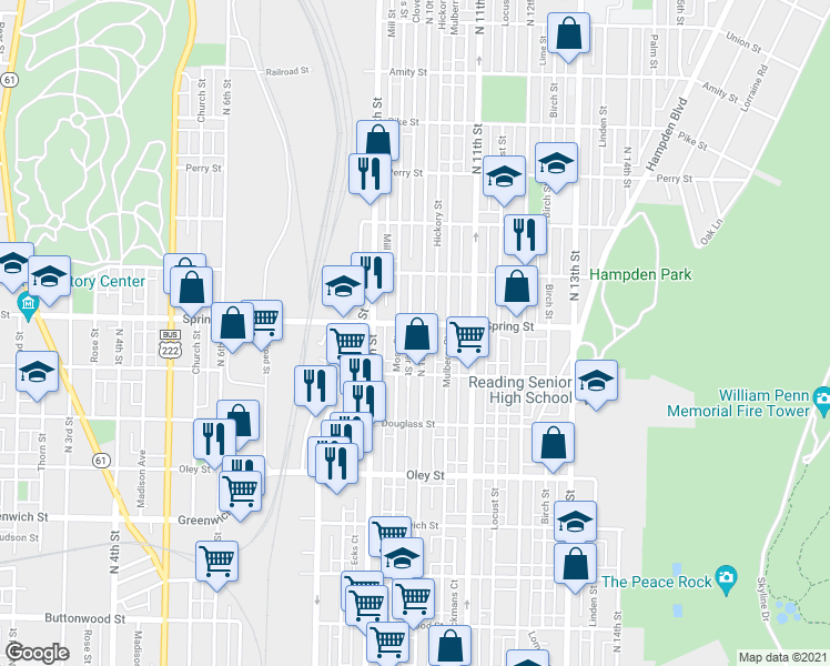 map of restaurants, bars, coffee shops, grocery stores, and more near 950 North 10th Street in Reading