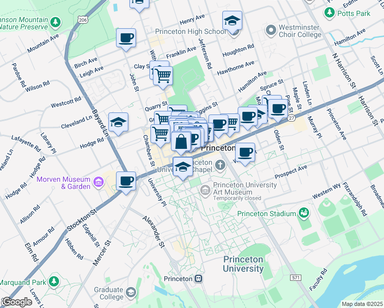 map of restaurants, bars, coffee shops, grocery stores, and more near 102 Nassau Street in Princeton