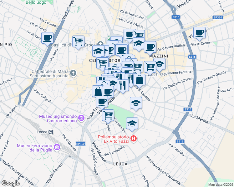 map of restaurants, bars, coffee shops, grocery stores, and more near 52 Viale Otranto in Lecce