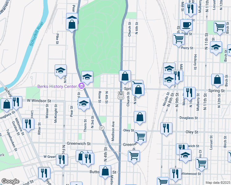 map of restaurants, bars, coffee shops, grocery stores, and more near 944 Madison Avenue in Reading