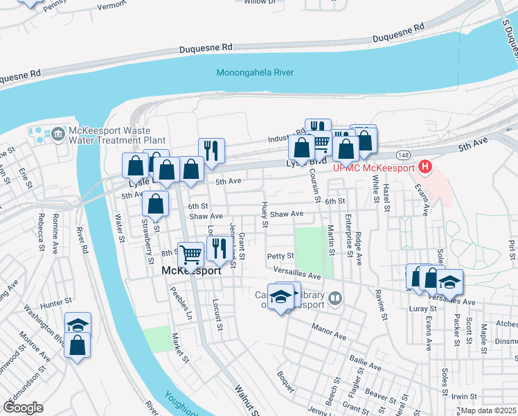 map of restaurants, bars, coffee shops, grocery stores, and more near 550 6th Street in McKeesport