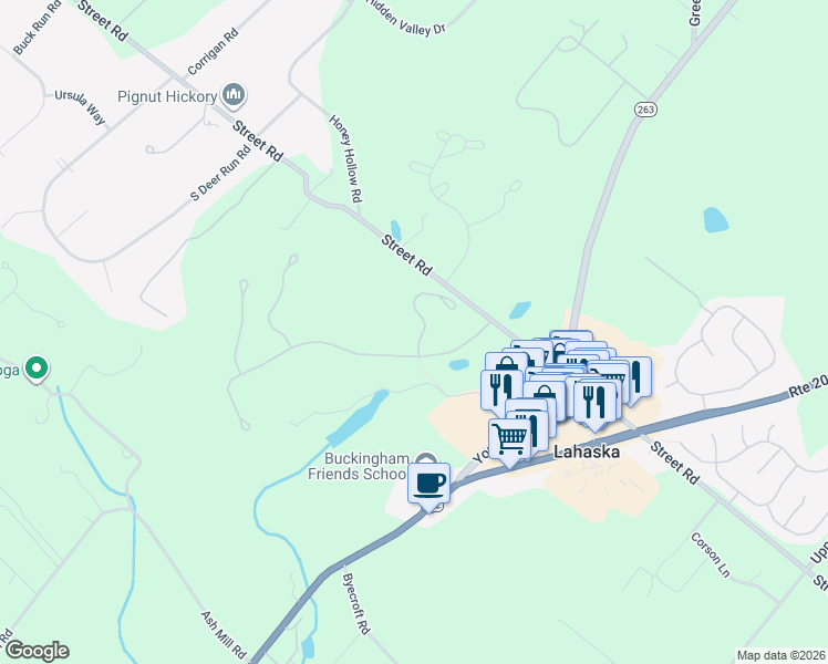 map of restaurants, bars, coffee shops, grocery stores, and more near 5833 Hickory Hollow Lane in Doylestown