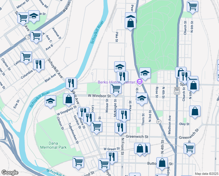 map of restaurants, bars, coffee shops, grocery stores, and more near 935 Weiser Street in Reading