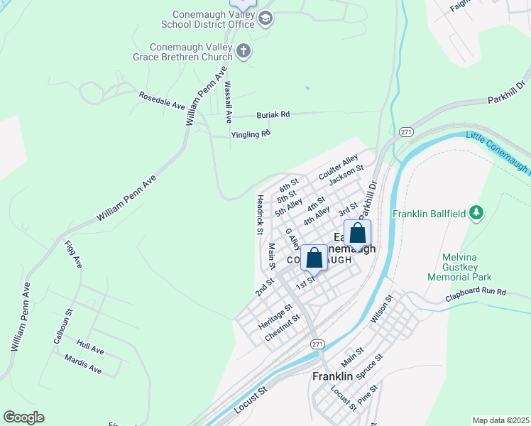 map of restaurants, bars, coffee shops, grocery stores, and more near 417 Main Street in Johnstown