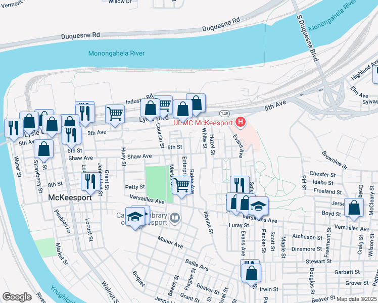 map of restaurants, bars, coffee shops, grocery stores, and more near 1619 Shaw Avenue in McKeesport