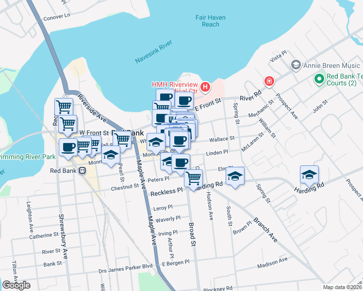 map of restaurants, bars, coffee shops, grocery stores, and more near 64 Broad Street in Red Bank