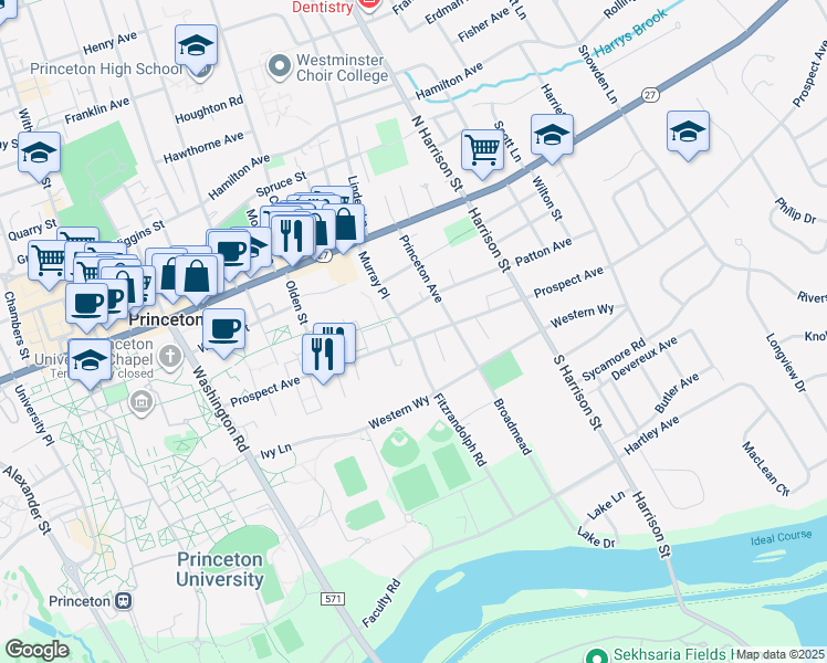 map of restaurants, bars, coffee shops, grocery stores, and more near 84 Murray Place in Princeton