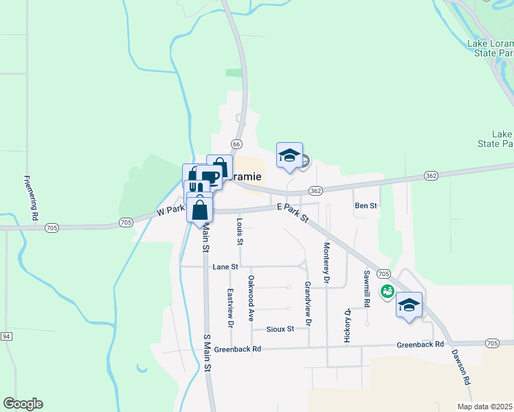 map of restaurants, bars, coffee shops, grocery stores, and more near 33 East Park Street in Fort Loramie