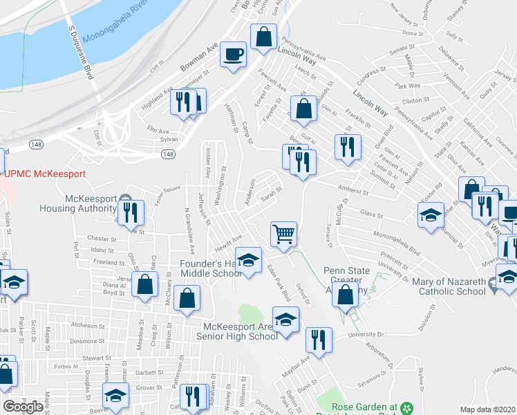 map of restaurants, bars, coffee shops, grocery stores, and more near 3822 Sarah Street in McKeesport
