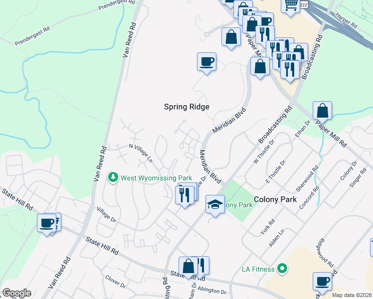 map of restaurants, bars, coffee shops, grocery stores, and more near 308 Oak Hill Ln in Wyomissing