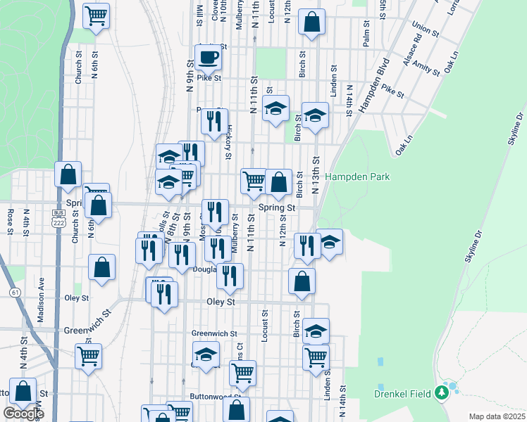 map of restaurants, bars, coffee shops, grocery stores, and more near 1118 Spring Street in Reading