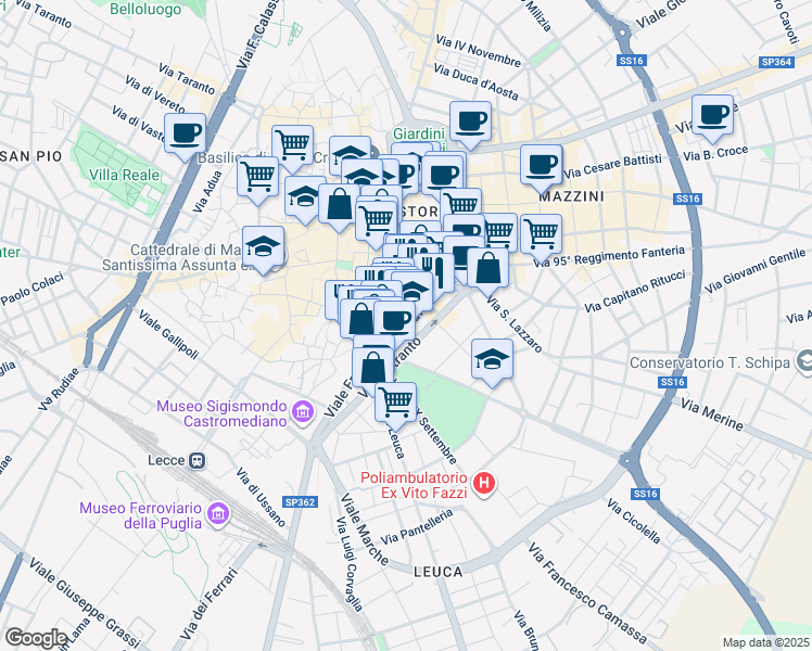 map of restaurants, bars, coffee shops, grocery stores, and more near 6 Via Gaetano Brunetti in Lecce