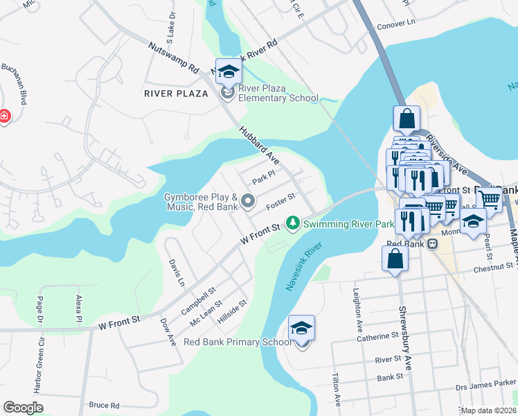 map of restaurants, bars, coffee shops, grocery stores, and more near 56 Foster Street in Red Bank