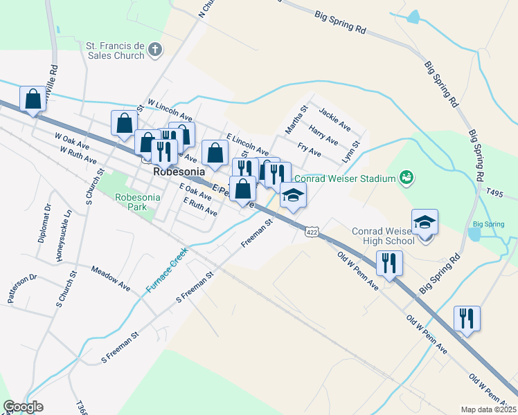 map of restaurants, bars, coffee shops, grocery stores, and more near 347 East Penn Avenue in Robesonia