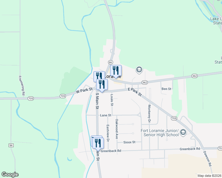 map of restaurants, bars, coffee shops, grocery stores, and more near 23 East Park Street in Fort Loramie