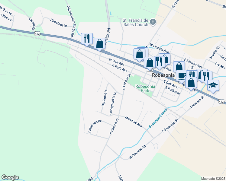 map of restaurants, bars, coffee shops, grocery stores, and more near 218 Smokering Dr in Robesonia