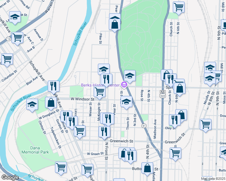 map of restaurants, bars, coffee shops, grocery stores, and more near 936 Pear Street in Reading