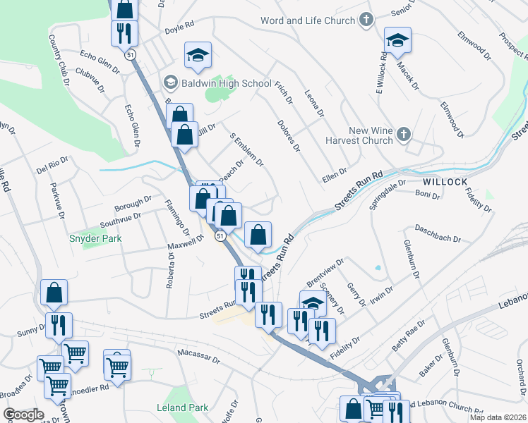 map of restaurants, bars, coffee shops, grocery stores, and more near 941 Angelo Drive in Pittsburgh