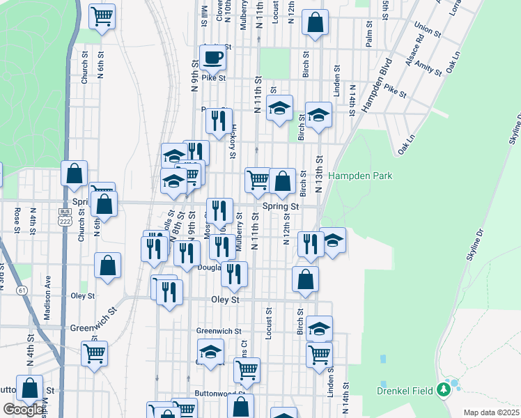 map of restaurants, bars, coffee shops, grocery stores, and more near 1118 Spring Street in Reading