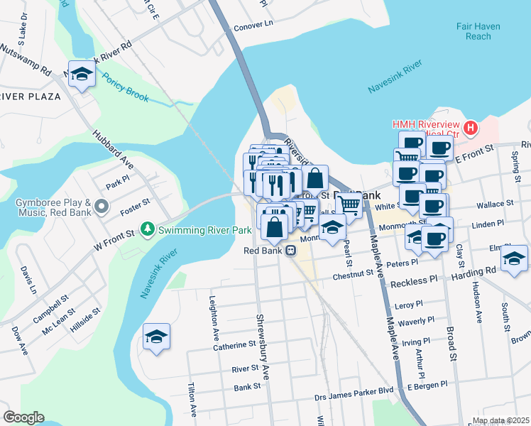 map of restaurants, bars, coffee shops, grocery stores, and more near 2 Bridge Avenue in Red Bank