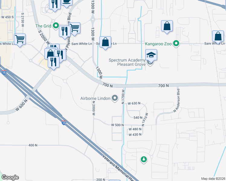 map of restaurants, bars, coffee shops, grocery stores, and more near 1971 700 North in Lindon