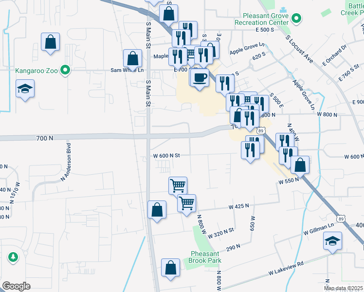 map of restaurants, bars, coffee shops, grocery stores, and more near 700 East 800 North in Lindon