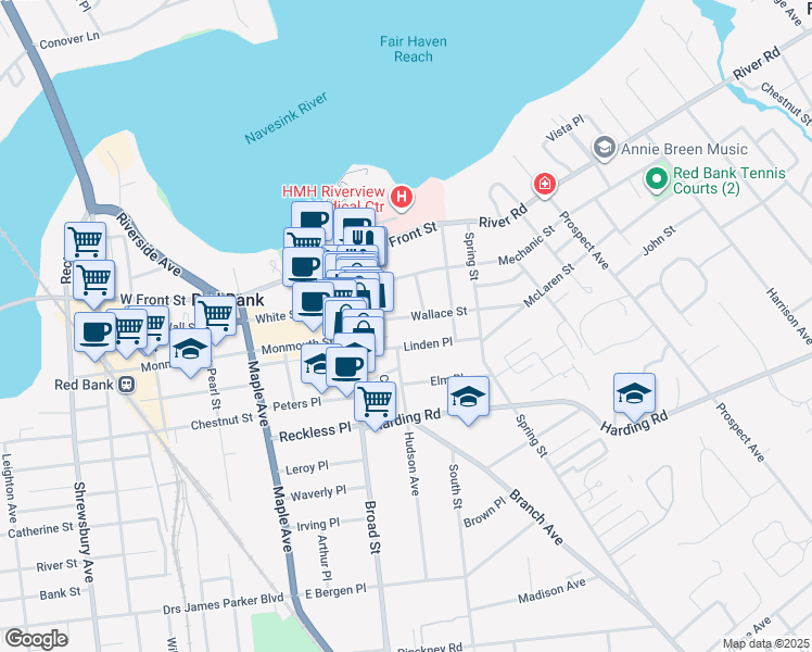 map of restaurants, bars, coffee shops, grocery stores, and more near 60 Wallace Street in Red Bank