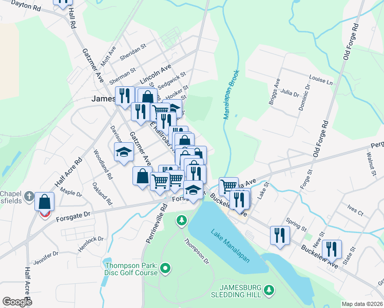 map of restaurants, bars, coffee shops, grocery stores, and more near 12 East Church Street in Jamesburg