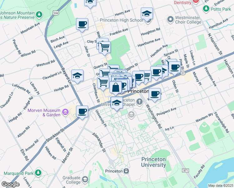 map of restaurants, bars, coffee shops, grocery stores, and more near 102 Nassau Street in Princeton