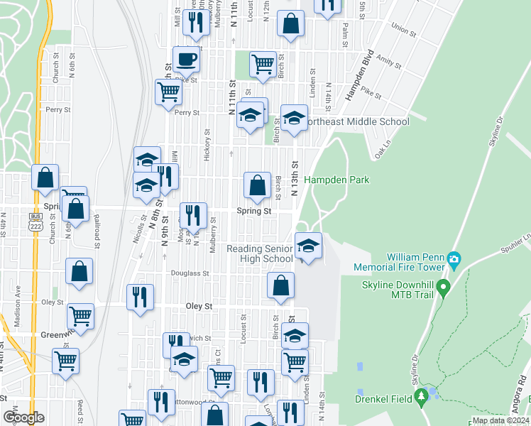 map of restaurants, bars, coffee shops, grocery stores, and more near 951 North 12th Street in Reading