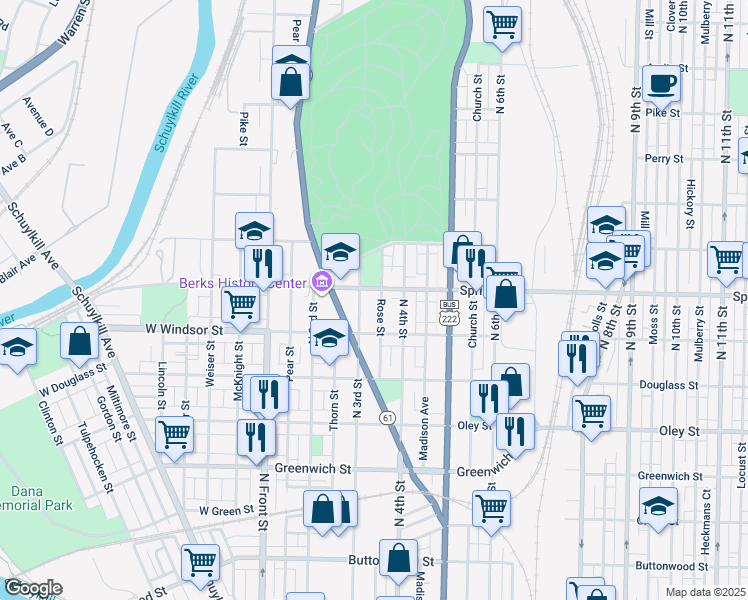 map of restaurants, bars, coffee shops, grocery stores, and more near 931 Rose Street in Reading