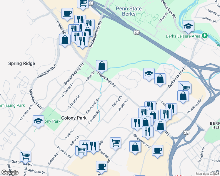 map of restaurants, bars, coffee shops, grocery stores, and more near 2416 Papermill Road in Reading
