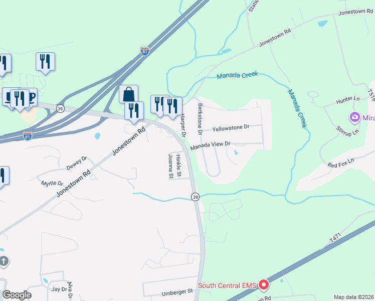 map of restaurants, bars, coffee shops, grocery stores, and more near 8009 Manada View Drive in Harrisburg