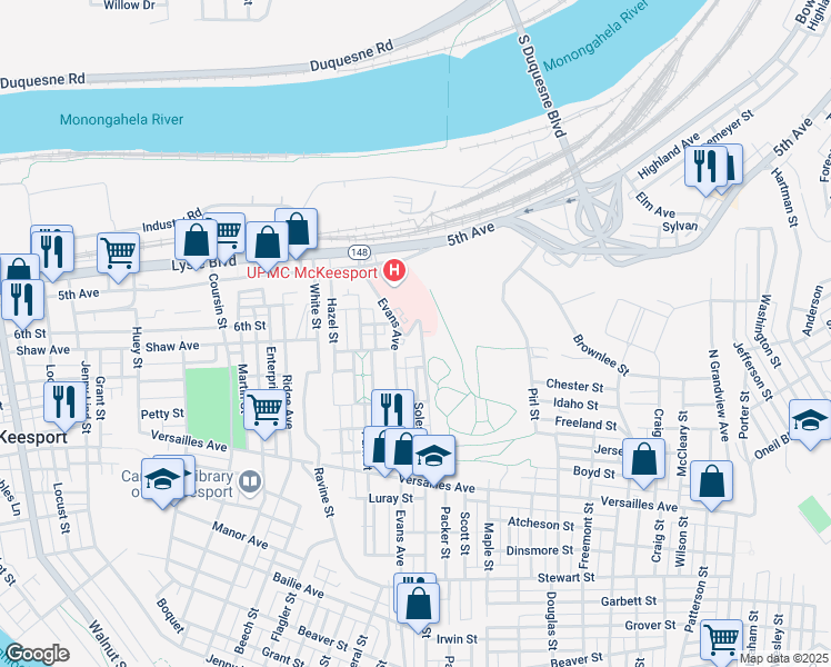 map of restaurants, bars, coffee shops, grocery stores, and more near in McKeesport