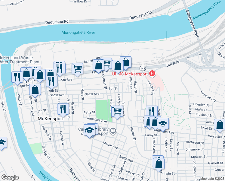 map of restaurants, bars, coffee shops, grocery stores, and more near 901 Shaw Avenue in McKeesport