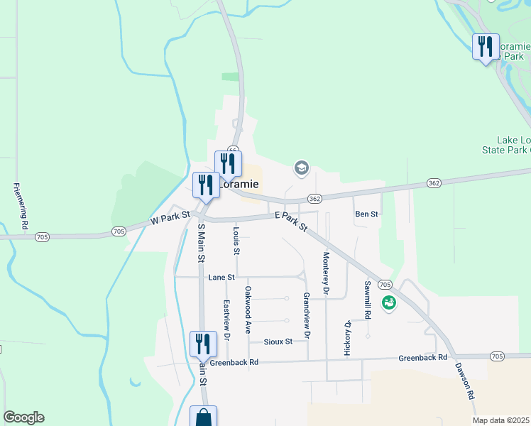 map of restaurants, bars, coffee shops, grocery stores, and more near 33 East Park Street in Fort Loramie