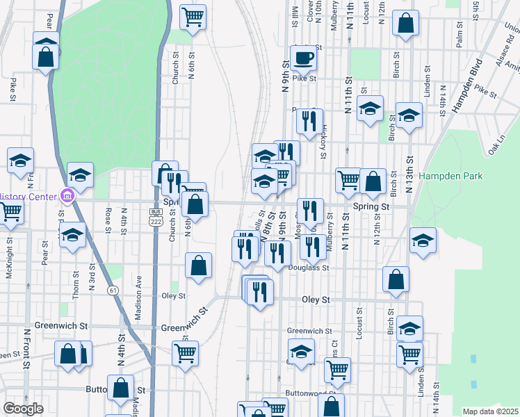 map of restaurants, bars, coffee shops, grocery stores, and more near 722 Spring Street in Reading