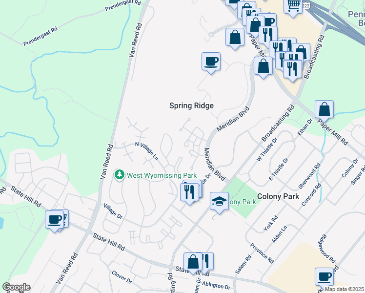 map of restaurants, bars, coffee shops, grocery stores, and more near 314 Oak Hill Lane in Wyomissing