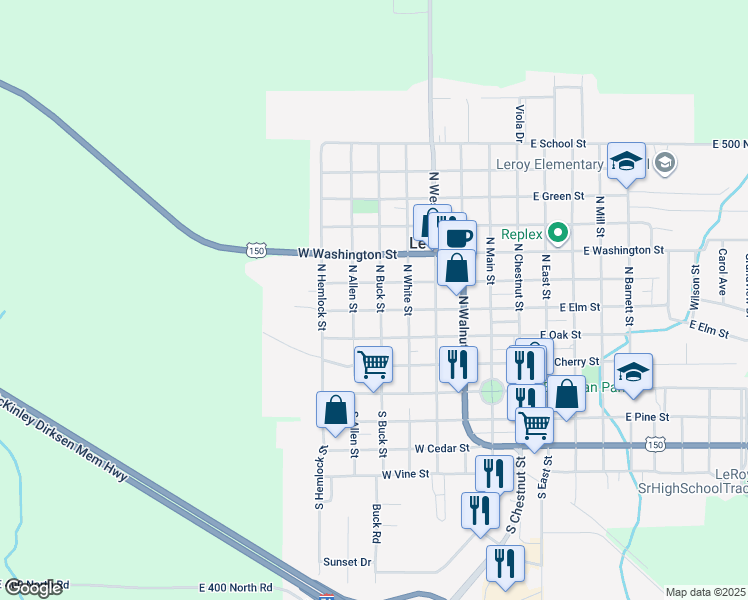 map of restaurants, bars, coffee shops, grocery stores, and more near 402 North Buck Street in Le Roy