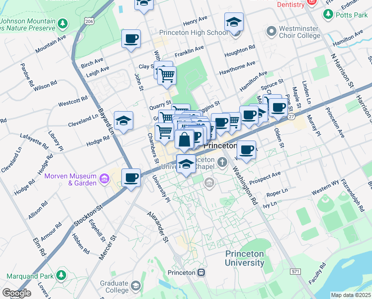 map of restaurants, bars, coffee shops, grocery stores, and more near 102 Nassau Street in Princeton