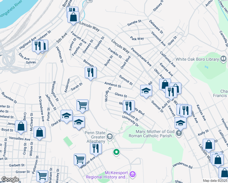 map of restaurants, bars, coffee shops, grocery stores, and more near 1115 Glass Street in White Oak