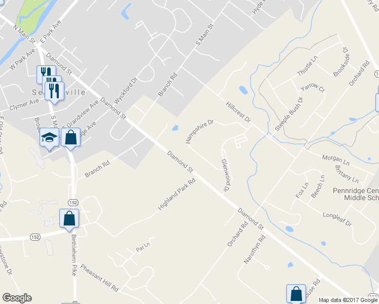 map of restaurants, bars, coffee shops, grocery stores, and more near 248 Hampshire Drive in Sellersville