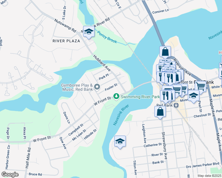 map of restaurants, bars, coffee shops, grocery stores, and more near 31 Foster Street in Red Bank