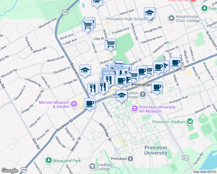 map of restaurants, bars, coffee shops, grocery stores, and more near 21 Chambers Street in Princeton