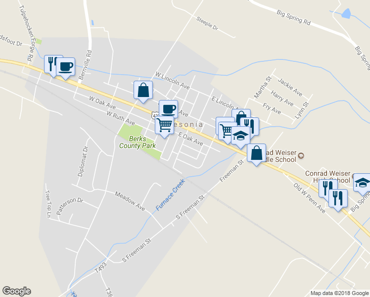 map of restaurants, bars, coffee shops, grocery stores, and more near 106 East Ruth Avenue in Robesonia