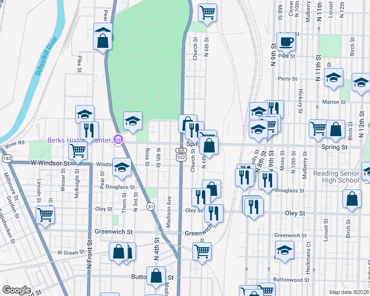 map of restaurants, bars, coffee shops, grocery stores, and more near 937 North 5th Street in Reading
