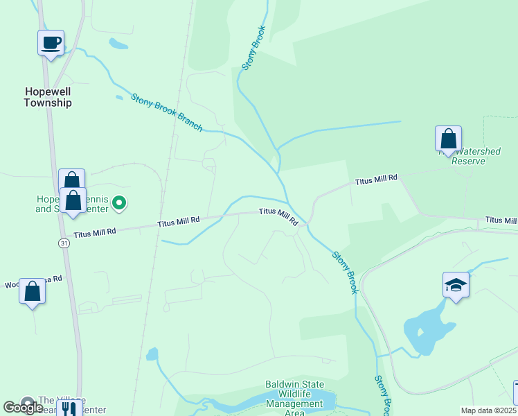 map of restaurants, bars, coffee shops, grocery stores, and more near 83 Titus Mill Road in Pennington