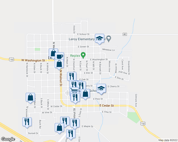map of restaurants, bars, coffee shops, grocery stores, and more near 402 East Elm Street in Le Roy